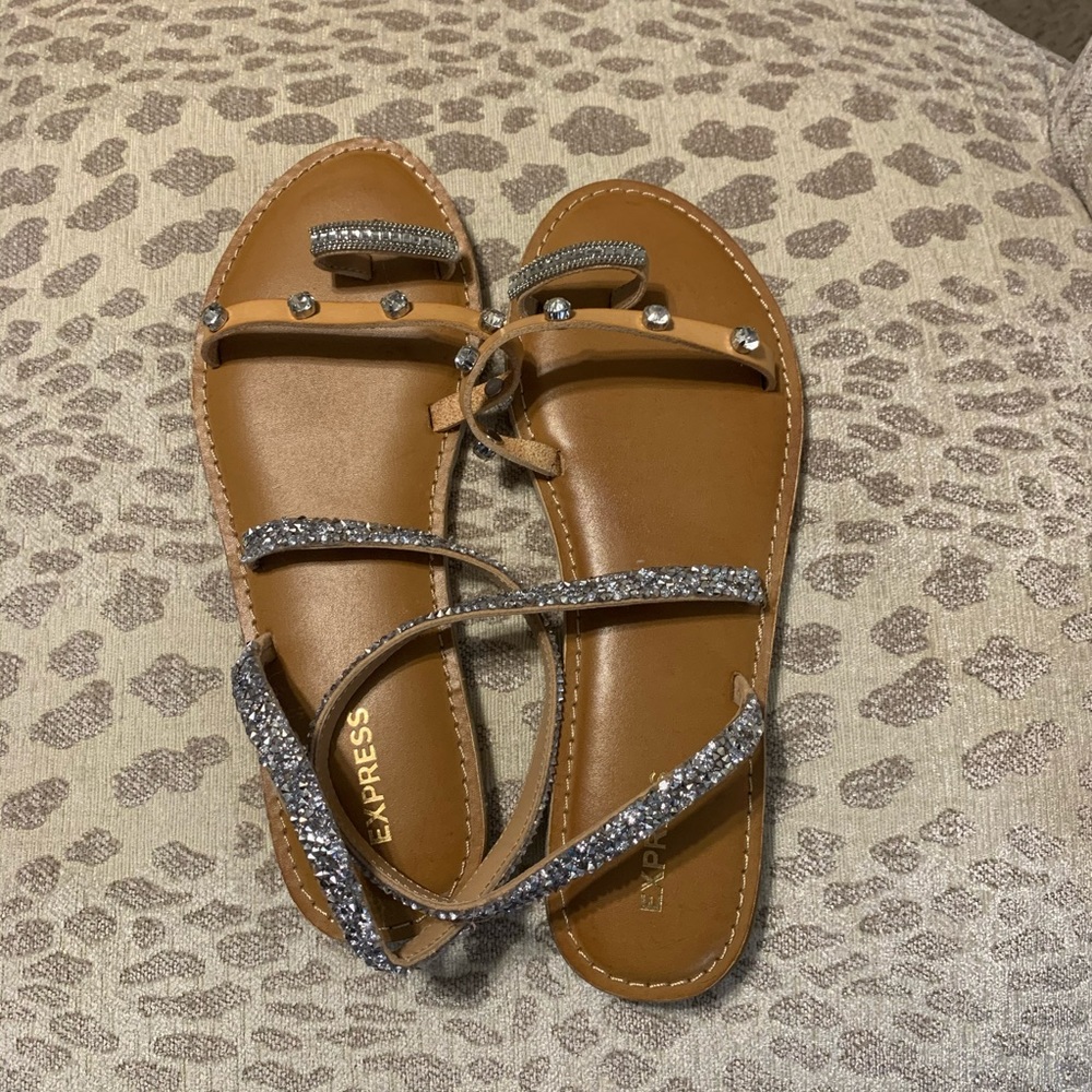 Express ankle strap tan & silver studded sandals